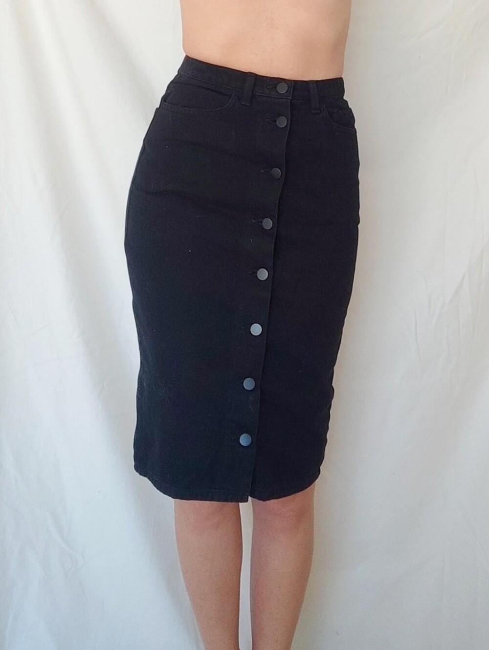 American Apparel Black Denim Buttoned Knee Length Pencil Skirt
